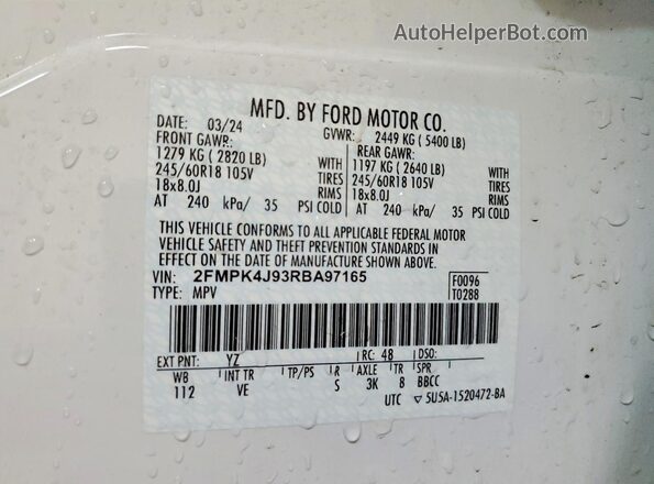 2FMPK4J93RBA97165 2024 FORD EDGE White Вид наклейки з VIN-кодом