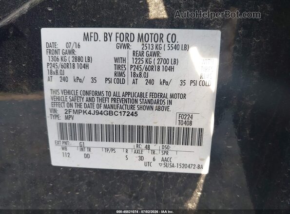 2FMPK4J94GBC17245 2016 FORD EDGE Black Շարժիչի բաժամունքի տեսք