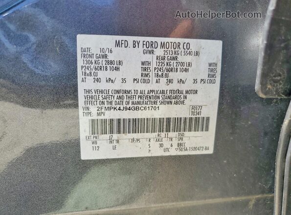 2FMPK4J94GBC61701 2016 FORD EDGE Gray Widok naklejki z numerem VIN