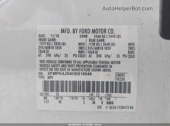 2FMPK4J94KBB18840 2019 FORD EDGE White Շարժիչի բաժամունքի տեսք