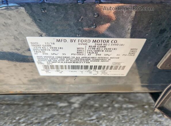 2FMPK4J94KBB31748 2019 FORD EDGE Blue VIN կոդի պիտակի տեսք