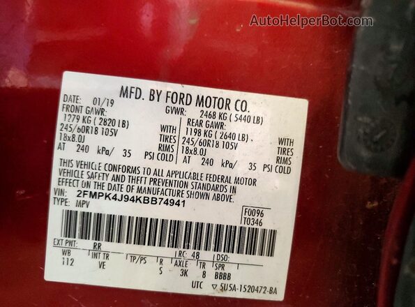 2FMPK4J94KBB74941 2019 FORD EDGE Red VIN კოდის სტიკერის ხედი