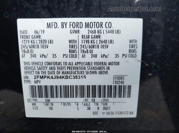 2FMPK4J94KBC38315 2019 FORD EDGE Black Вид підкапотного простору