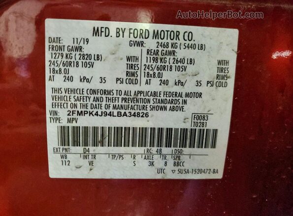 2FMPK4J94LBA34826 2020 FORD EDGE Red Вид наклейки з VIN-кодом