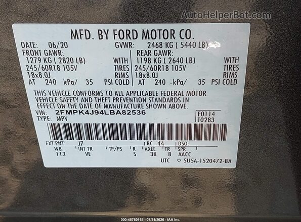 2FMPK4J94LBA82536 2020 FORD EDGE Blue Շարժիչի բաժամունքի տեսք