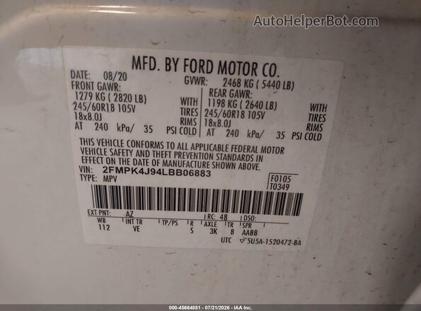 2FMPK4J94LBB06883 2020 FORD EDGE White Շարժիչի բաժամունքի տեսք