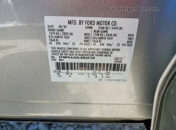 2FMPK4J94LBB28768 2020 FORD EDGE Silver Vista interior de 360 grados