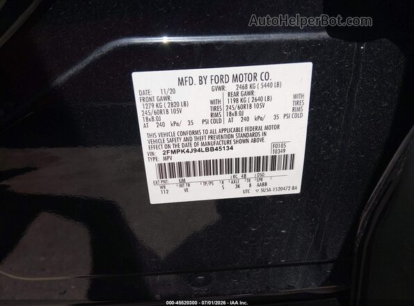 2FMPK4J94LBB45134 2020 FORD EDGE Black Շարժիչի բաժամունքի տեսք