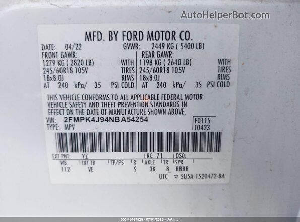 2FMPK4J94NBA54254 2022 FORD EDGE White Widok komory silnika