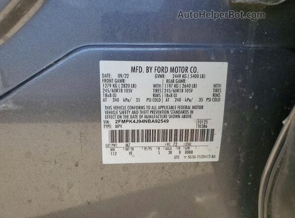 2FMPK4J94NBA92549 2022 FORD EDGE Gray VIN կոդի պիտակի տեսք
