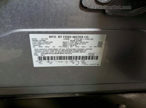 2FMPK4J94PBA16333 2023 FORD EDGE Silver VIN კოდის სტიკერის ხედი