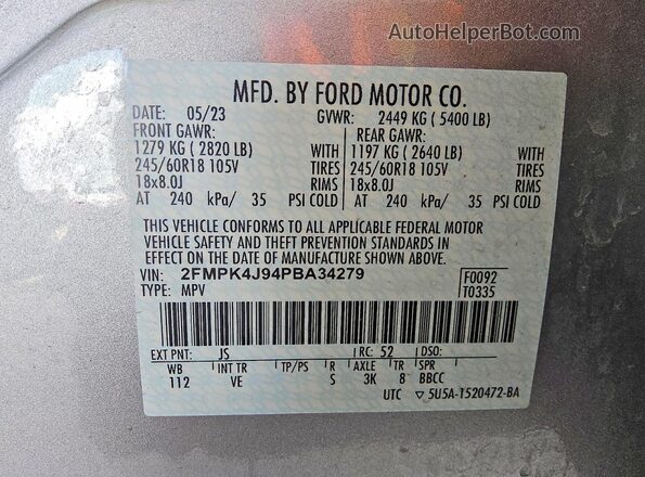 2FMPK4J94PBA34279 2023 FORD EDGE Silver Vista de la etiqueta del VIN