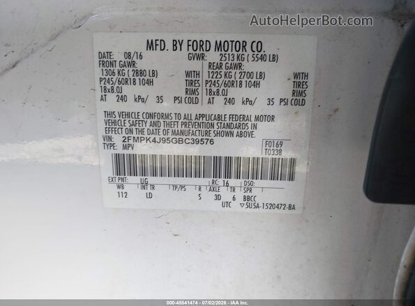 2FMPK4J95GBC39576 2016 FORD EDGE White Vista del compartimento del motor
