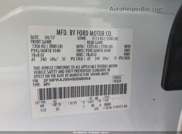 2FMPK4J95HBB88064 2017 FORD EDGE White Շարժիչի բաժամունքի տեսք