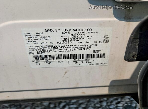 2FMPK4J95JBB03908 2018 FORD EDGE White VIN კოდის სტიკერის ხედი