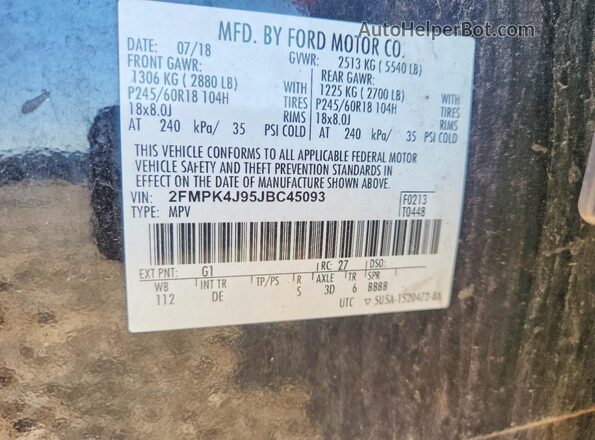 2FMPK4J95JBC45093 2018 FORD EDGE Black Widok naklejki z numerem VIN