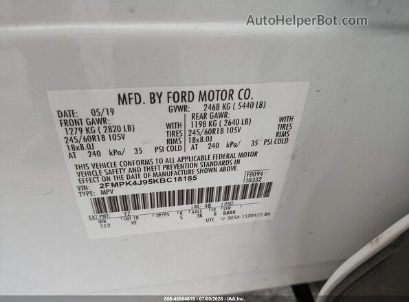 2FMPK4J95KBC18185 2019 FORD EDGE Белый Вид подкапотного пространства