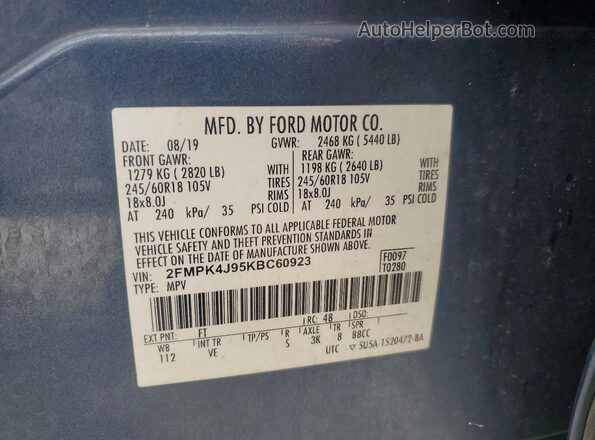 2FMPK4J95KBC60923 2019 FORD EDGE Blue Вид наклейки з VIN-кодом