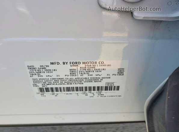 2FMPK4J95LBB15768 2020 FORD EDGE White VIN კოდის სტიკერის ხედი