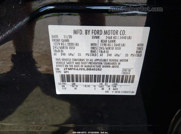 2FMPK4J95LBB40282 2020 FORD EDGE Черный Вид подкапотного пространства
