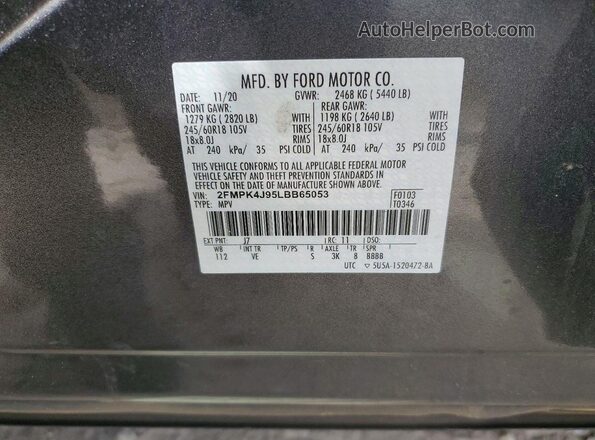 2FMPK4J95LBB65053 2020 FORD EDGE Gray VIN კოდის სტიკერის ხედი