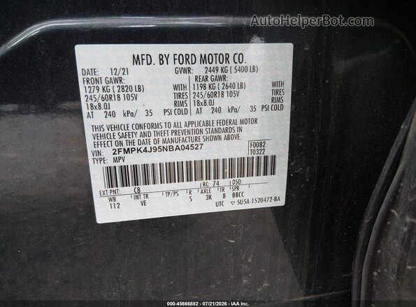 2FMPK4J95NBA04527 2022 FORD EDGE Blue Vista del compartimento del motor