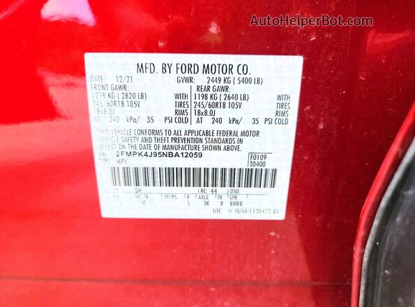 2FMPK4J95NBA12059 2022 FORD EDGE Red VIN კოდის სტიკერის ხედი