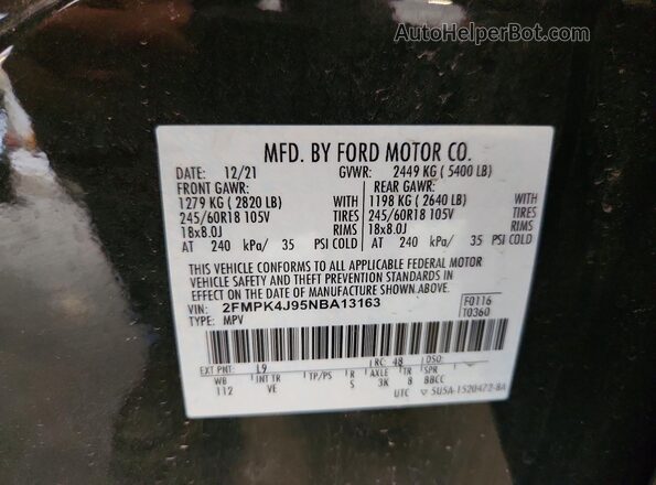 2FMPK4J95NBA13163 2022 FORD EDGE Зеленый Вид наклейки с VIN-кодом