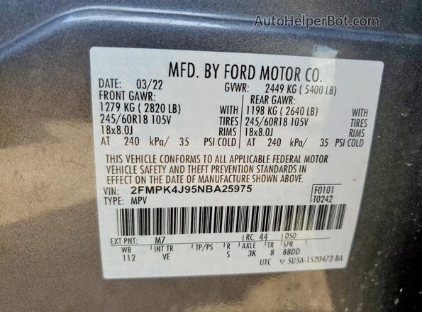 2FMPK4J95NBA25975 2022 FORD EDGE Серый Вид наклейки с VIN-кодом