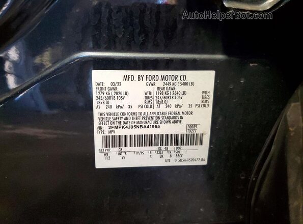 2FMPK4J95NBA41965 2022 FORD EDGE Blue Vista de la etiqueta del VIN