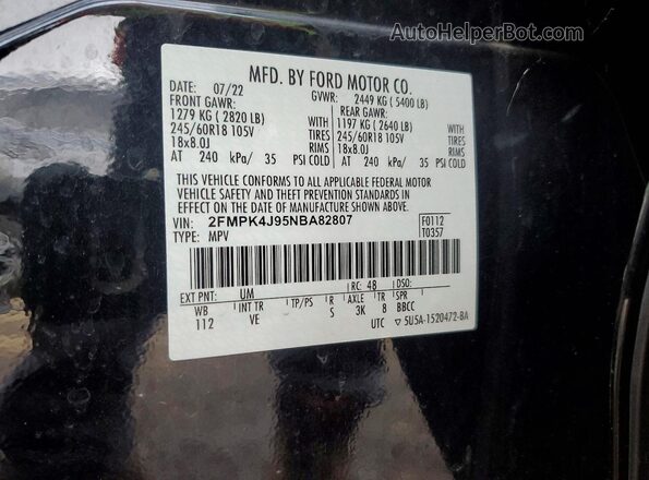 2FMPK4J95NBA82807 2022 FORD EDGE Black Widok naklejki z numerem VIN