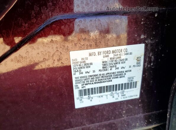2FMPK4J95NBA91698 2022 FORD EDGE Темно-бордовый Вид наклейки с VIN-кодом