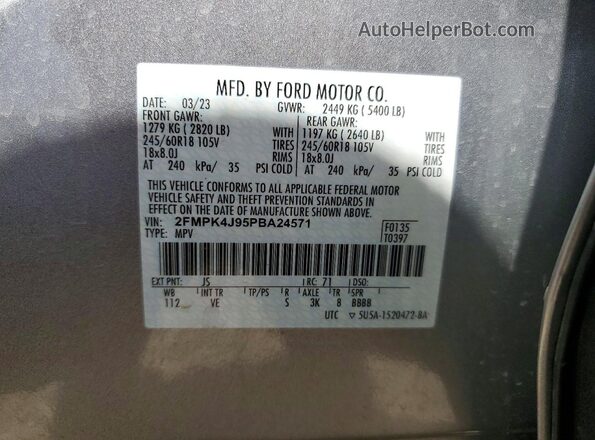 2FMPK4J95PBA24571 2023 FORD EDGE Silver Вид наклейки з VIN-кодом
