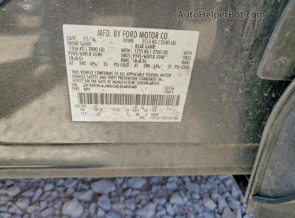 2FMPK4J96GBB46646 2016 FORD EDGE Gray VIN sticker view