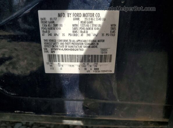2FMPK4J96HBB29783 2017 FORD EDGE Blue Vista interior de 360 grados