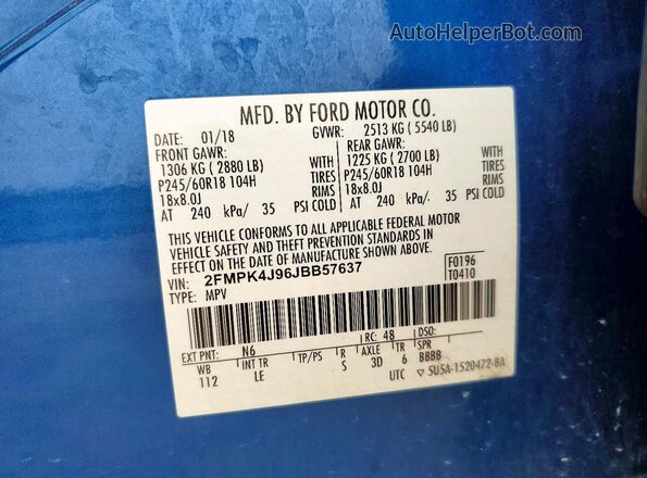 2FMPK4J96JBB57637 2018 FORD EDGE Синий Вид наклейки с VIN-кодом