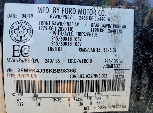 2FMPK4J96KBB98366 2019 FORD EDGE Black Vista de la etiqueta del VIN