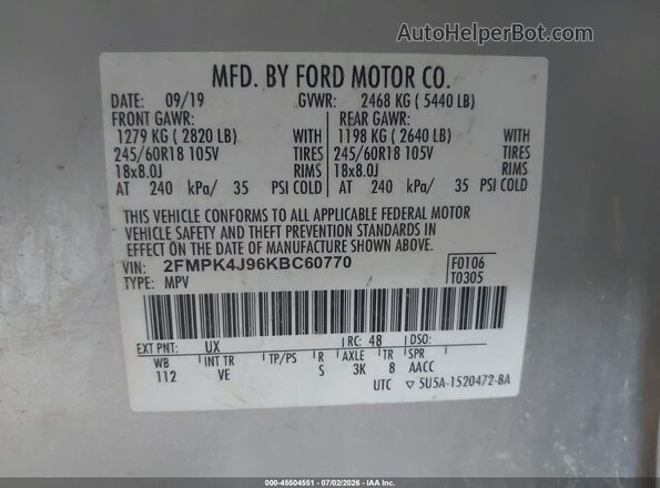 2FMPK4J96KBC60770 2019 FORD EDGE Silver Вид підкапотного простору