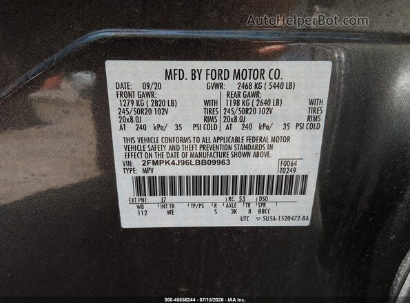 2FMPK4J96LBB09963 2020 FORD EDGE Gray Вид підкапотного простору
