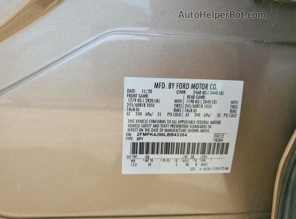 2FMPK4J96LBB43384 2020 FORD EDGE Gold VIN կոդի պիտակի տեսք