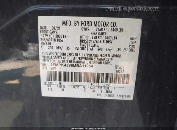 2FMPK4J96MBA11954 2021 FORD EDGE Dark Blue Vista del compartimento del motor