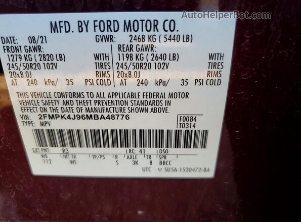 2FMPK4J96MBA48776 2021 FORD EDGE Burgundy Widok komory silnika