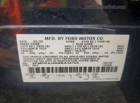 2FMPK4J96NBA34765 2022 FORD EDGE Черный Вид наклейки с VIN-кодом
