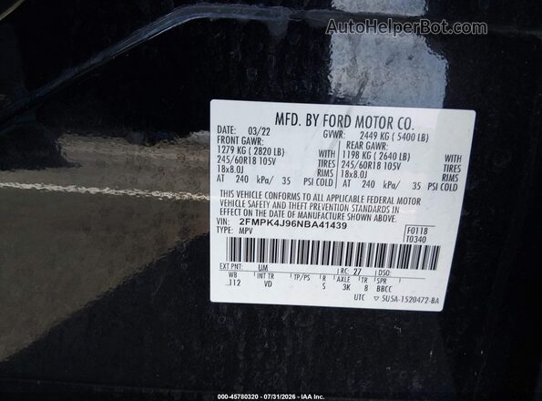 2FMPK4J96NBA41439 2022 FORD EDGE Black Widok komory silnika