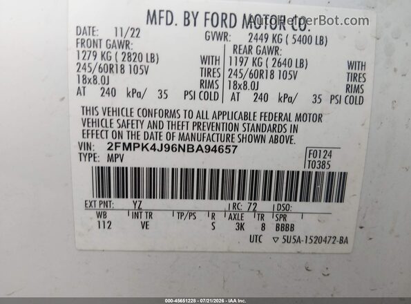 2FMPK4J96NBA94657 2022 FORD EDGE Белый Вид подкапотного пространства