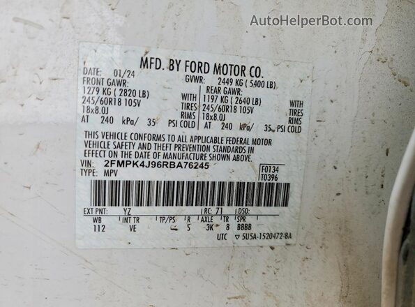 2FMPK4J96RBA76245 2024 FORD EDGE White 360 interior view
