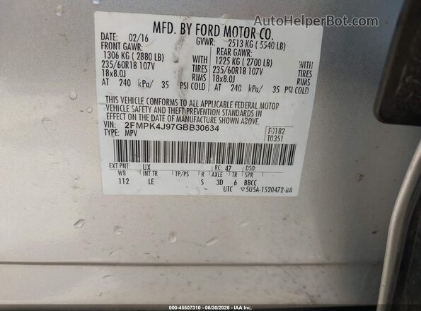 2FMPK4J97GBB30634 2016 FORD EDGE Silver Շարժիչի բաժամունքի տեսք