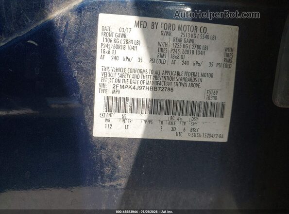 2FMPK4J97HBB72786 2017 FORD EDGE Синий Вид подкапотного пространства