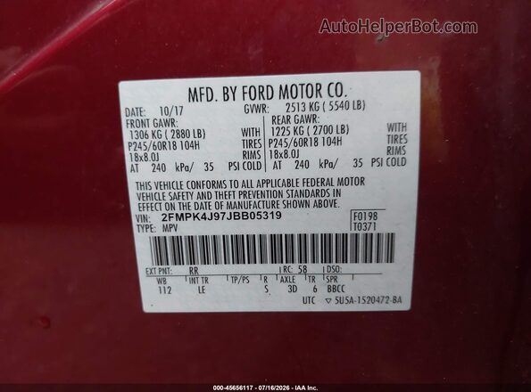 2FMPK4J97JBB05319 2018 FORD EDGE Red Вид підкапотного простору