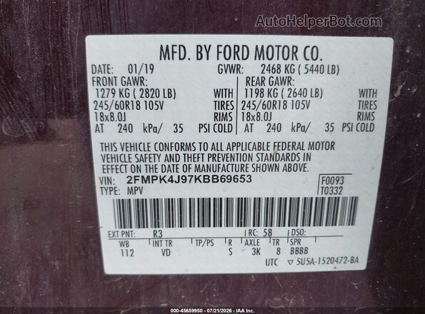 2FMPK4J97KBB69653 2019 FORD EDGE Burgundy ძრავის განყოფილების ხედი